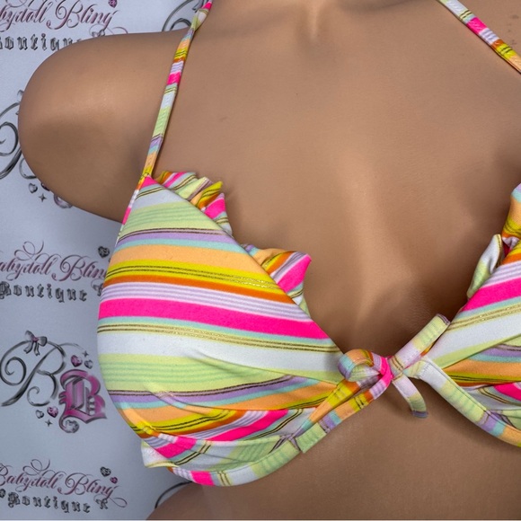 Victoria secret bikini top neon orange pink striped gold shimmer ruffle cupped - Picture 7 of 13